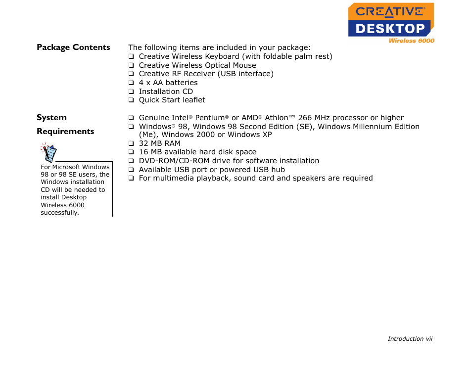 Package contents, System requirements | CREATIVE Desktop Wireless 6000 User Manual | Page 8 / 35