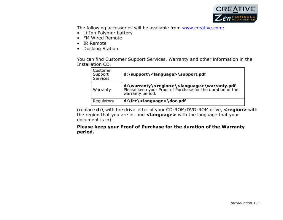Accessories, Customer support services and warranty information | CREATIVE Zen Portable Media Center User Manual | Page 11 / 53
