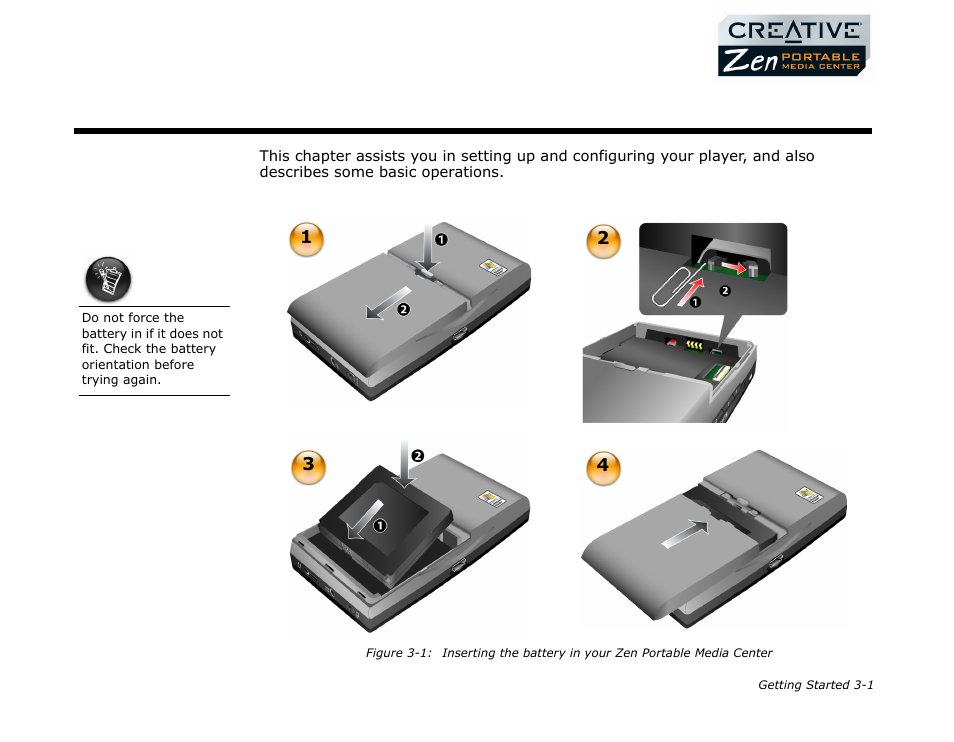 Inserting the battery, Inserting the battery -1, Getting started | CREATIVE Zen Portable Media Center User Manual | Page 19 / 53