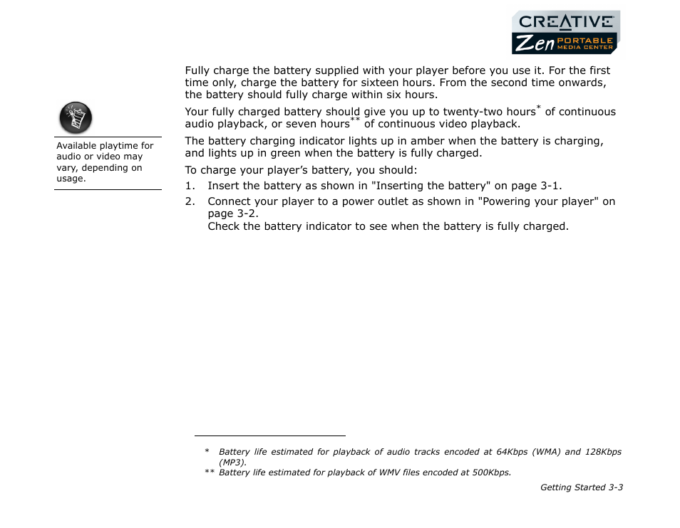 Charging the battery, Charging the battery -3 | CREATIVE Zen Portable Media Center User Manual | Page 21 / 53