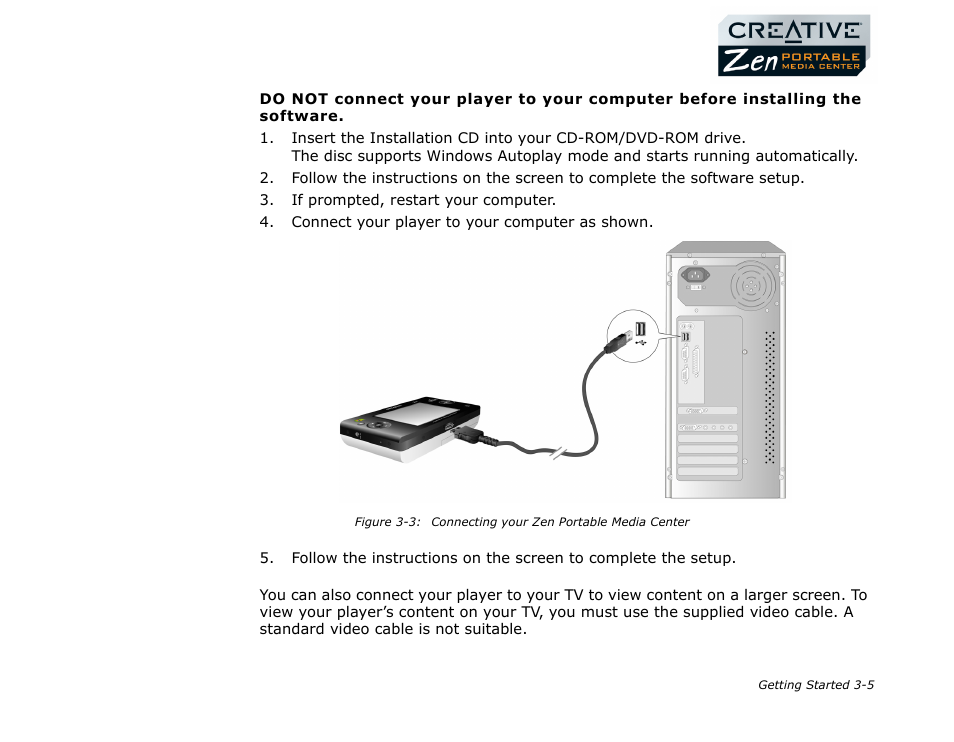Setting up your player, Connecting your player to a tv | CREATIVE Zen Portable Media Center User Manual | Page 23 / 53
