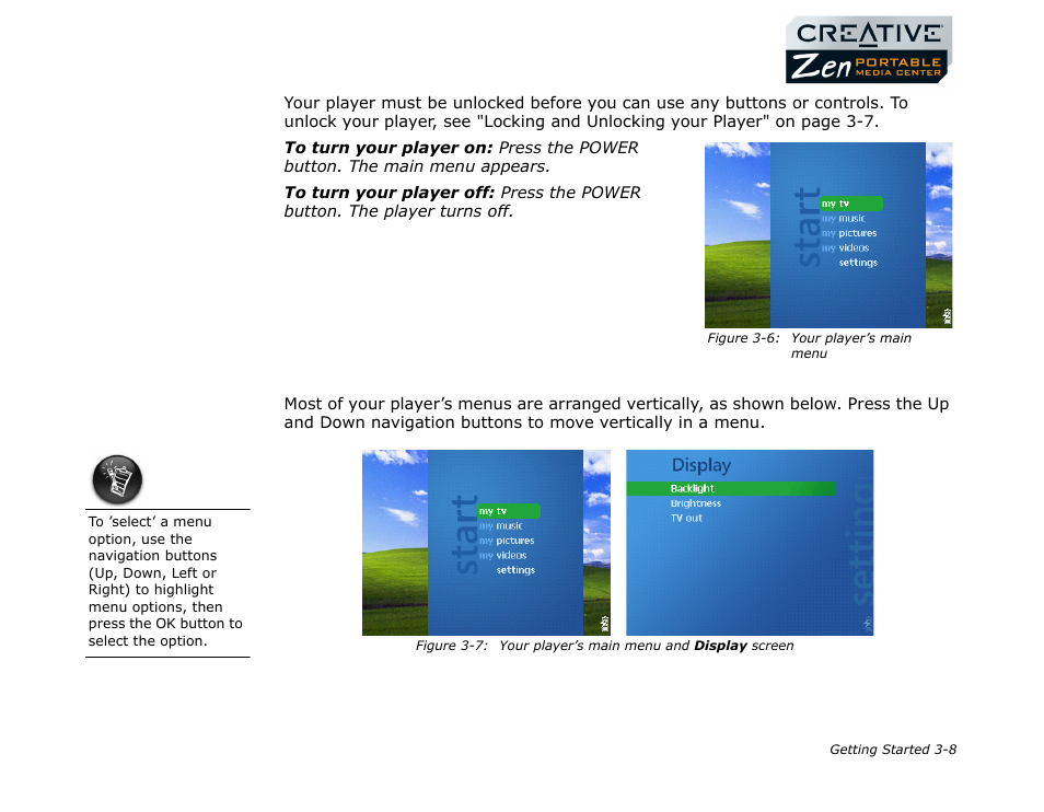 Turning the player on or off, Navigating menus | CREATIVE Zen Portable Media Center User Manual | Page 26 / 53