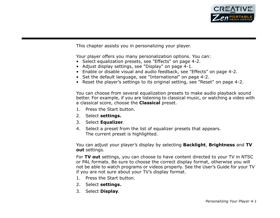 Personalizing your player, Equalization, Display | Personalizing your player -1, Equalization -1 display -1 | CREATIVE Zen Portable Media Center User Manual | Page 29 / 53