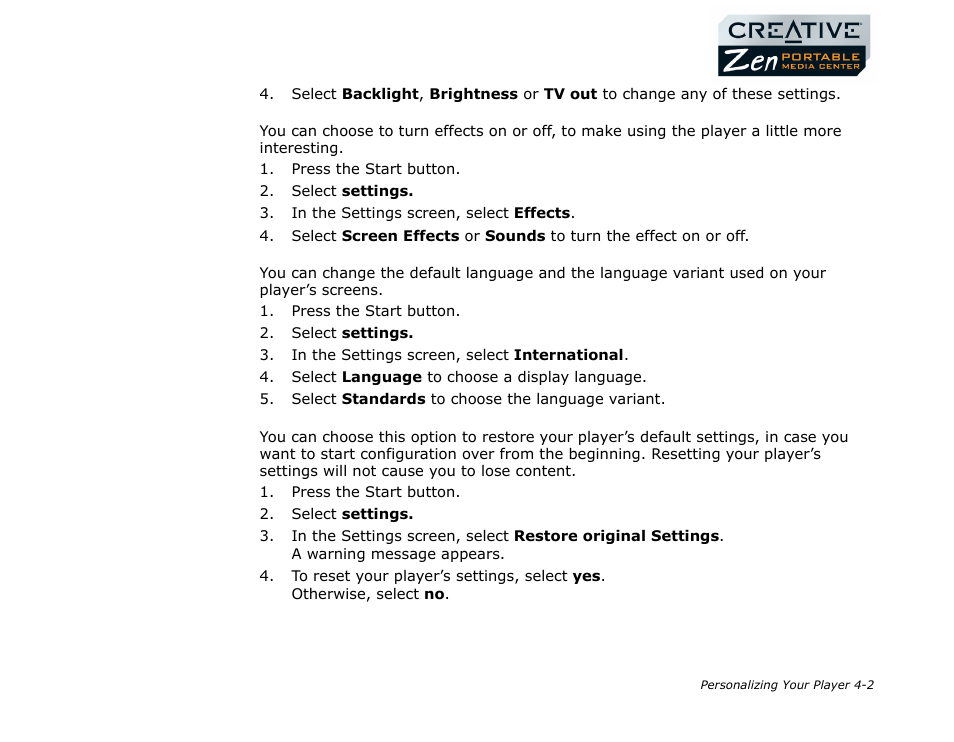 Effects, International, Reset | Effects -2 international -2 reset -2 | CREATIVE Zen Portable Media Center User Manual | Page 30 / 53