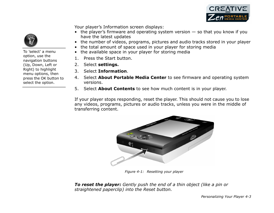 Information, Resetting your player, Information -3 resetting your player -3 | CREATIVE Zen Portable Media Center User Manual | Page 31 / 53