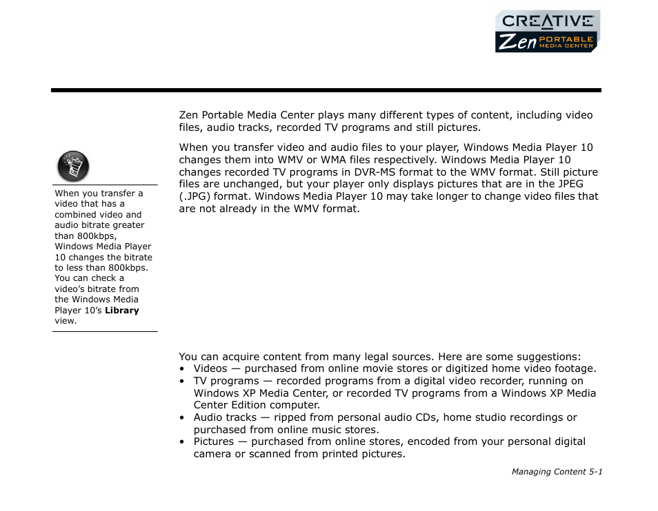 About content types, Getting content, About content types -1 getting content -1 | Managing content | CREATIVE Zen Portable Media Center User Manual | Page 33 / 53