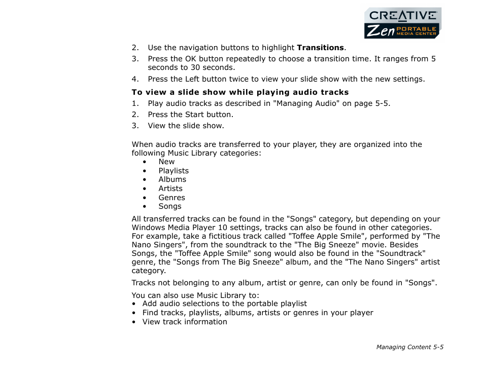 Managing audio, Managing audio -5 | CREATIVE Zen Portable Media Center User Manual | Page 37 / 53