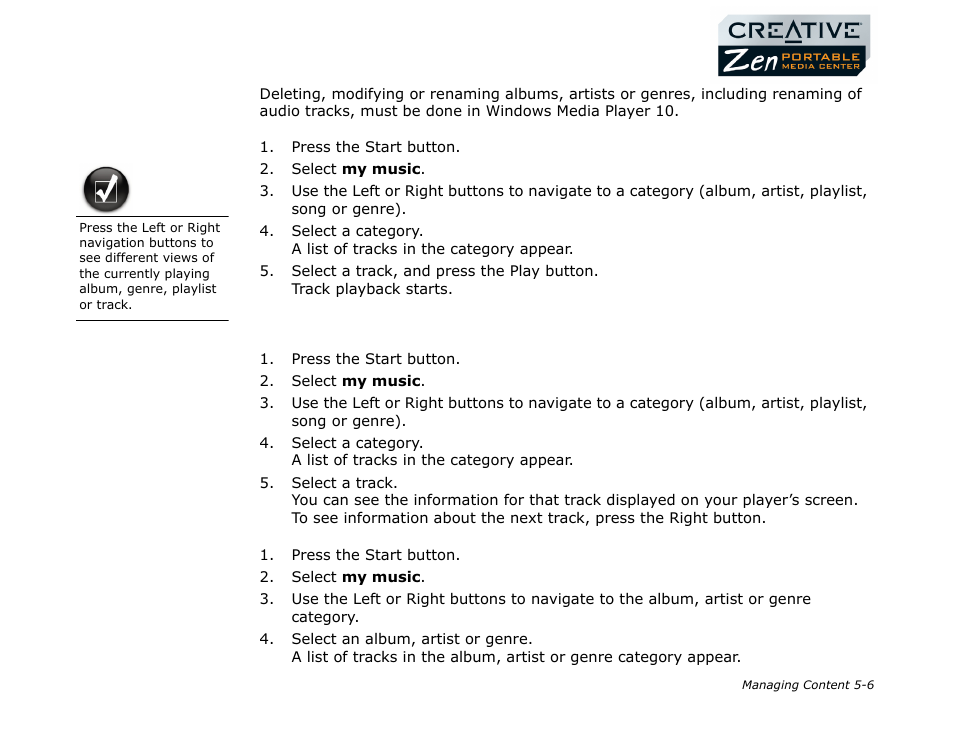 Playing a track, Viewing track information, Playing tracks from an album, artist or genre | CREATIVE Zen Portable Media Center User Manual | Page 38 / 53