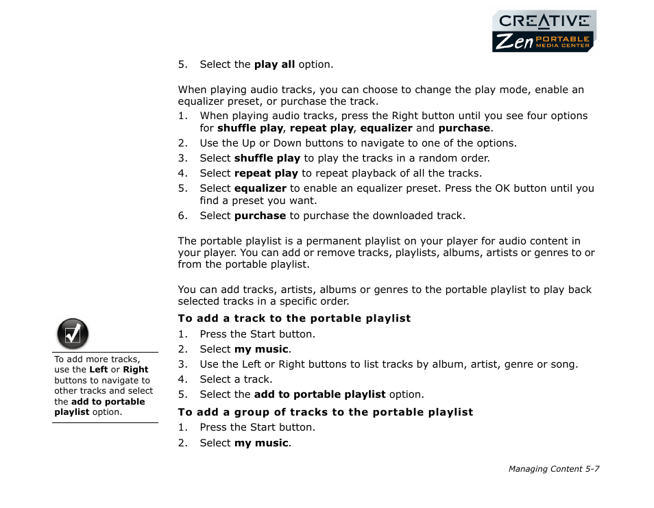 Changing play modes, About the portable playlist, Managing the portable playlist | CREATIVE Zen Portable Media Center User Manual | Page 39 / 53