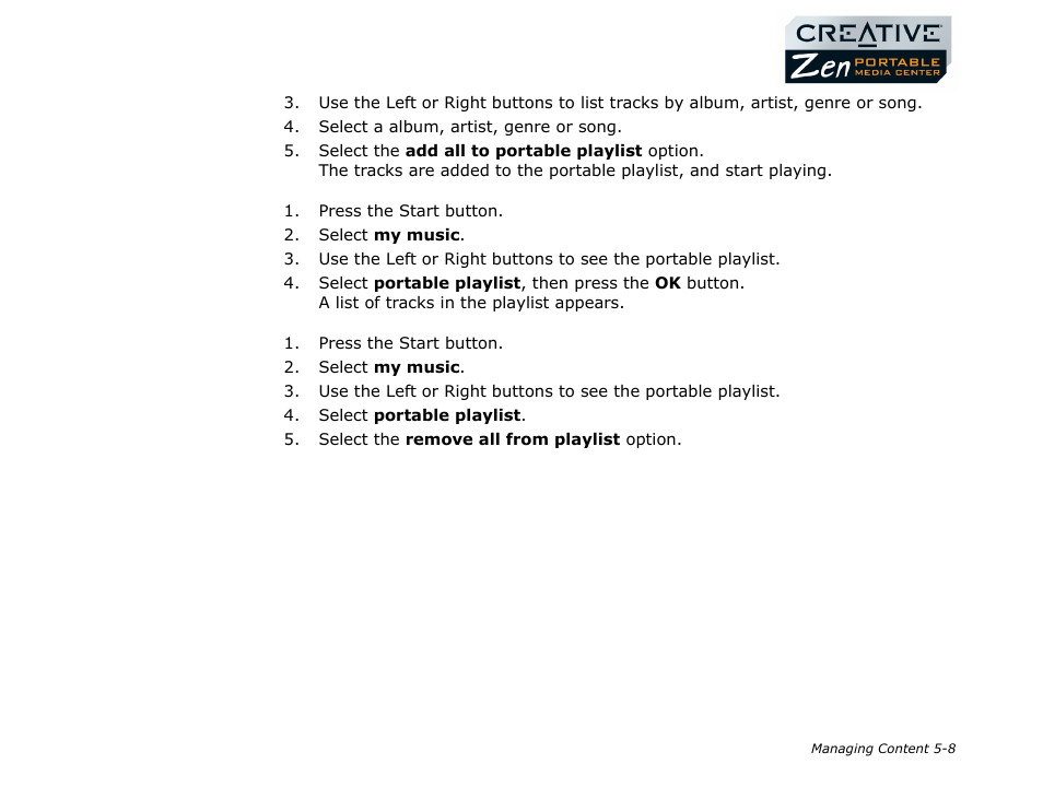 Viewing the contents of the portable playlist, Deleting all tracks from the portable playlist | CREATIVE Zen Portable Media Center User Manual | Page 40 / 53