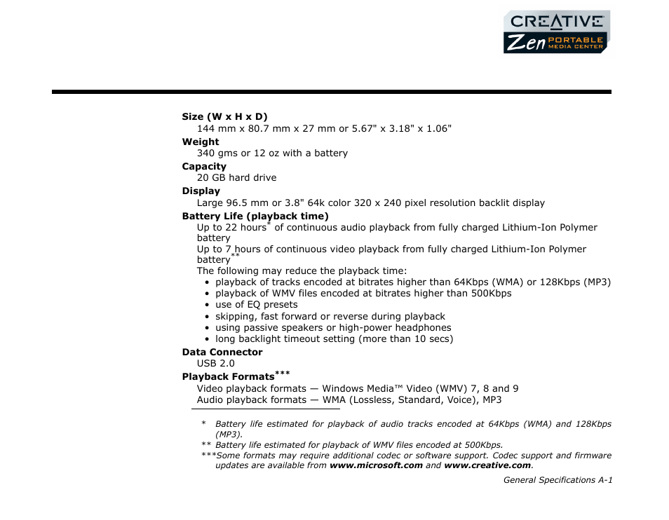 General specifications for your player, General specifications | CREATIVE Zen Portable Media Center User Manual | Page 43 / 53