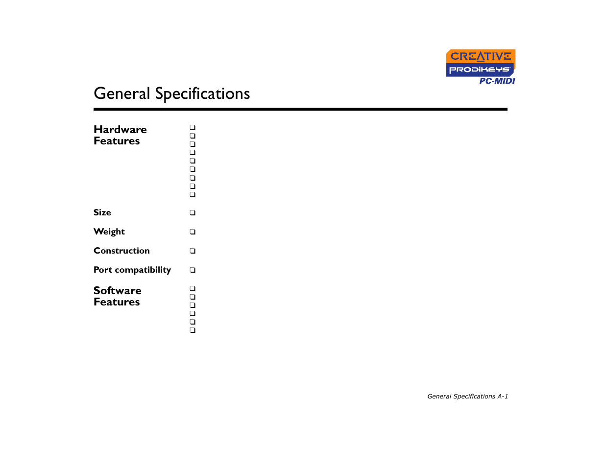 Hardware features, Software features, General specifications | CREATIVE Prodikeys PC-MIDI PC-MIDI User Manual | Page 23 / 25