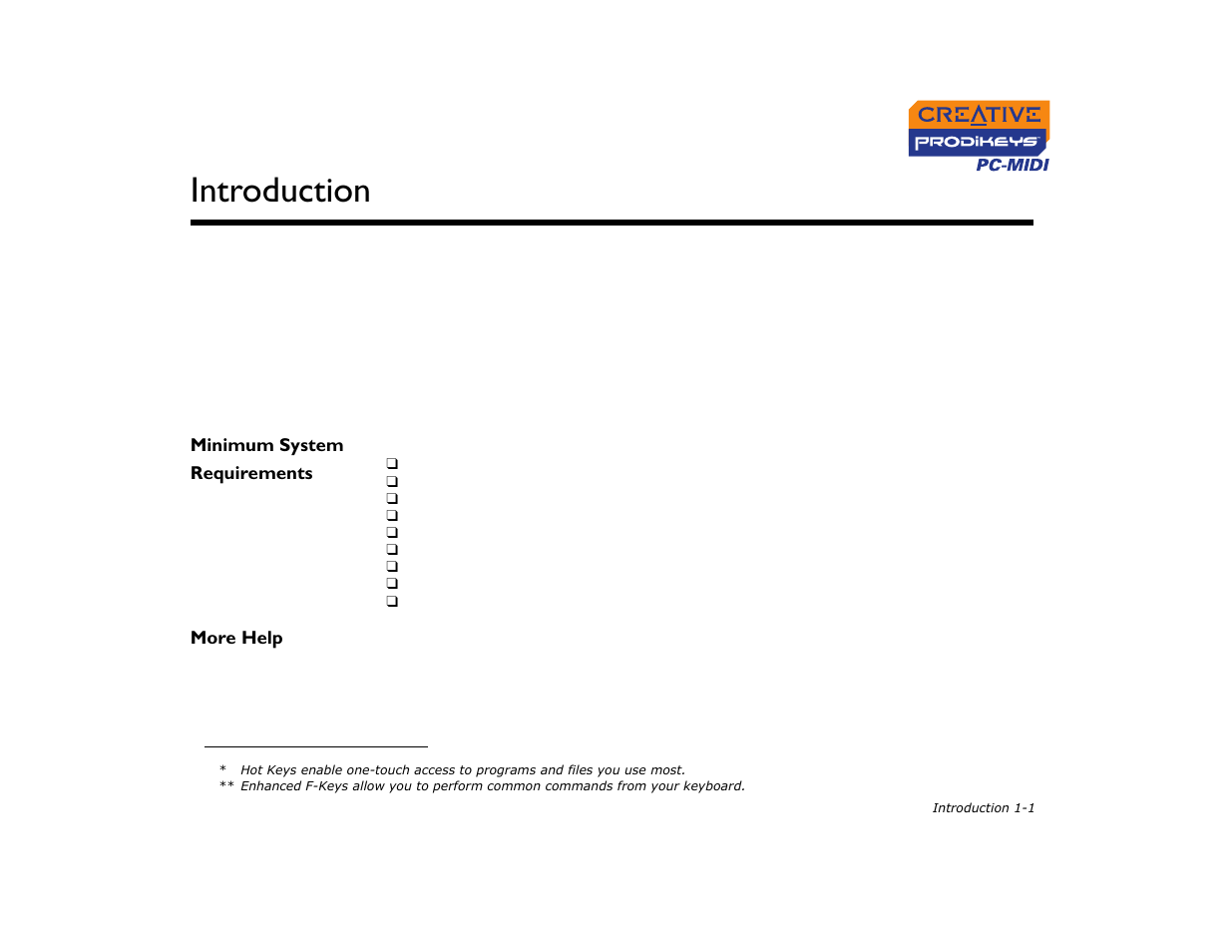 Minimum system requirements, More help, Minimum system requirements -1 more help -1 | Introduction | CREATIVE Prodikeys PC-MIDI PC-MIDI User Manual | Page 7 / 25