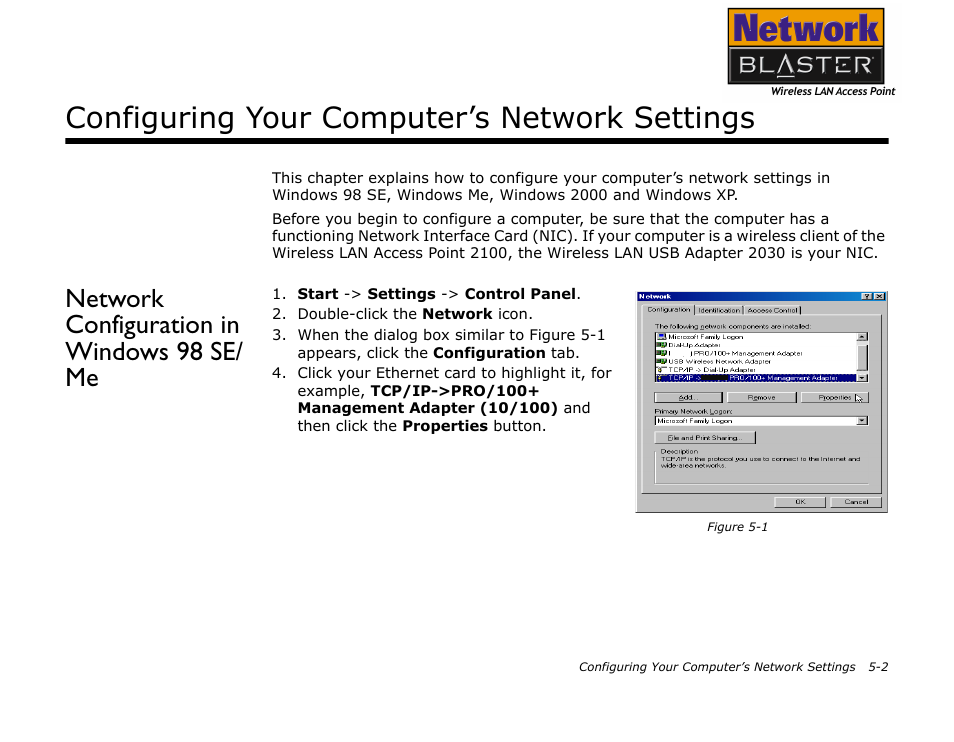 Configuring your computer’s network settings, Network configuration in windows 98 se/ me, Network configuration in windows 98 se/me -2 | CREATIVE 2030 User Manual | Page 61 / 96