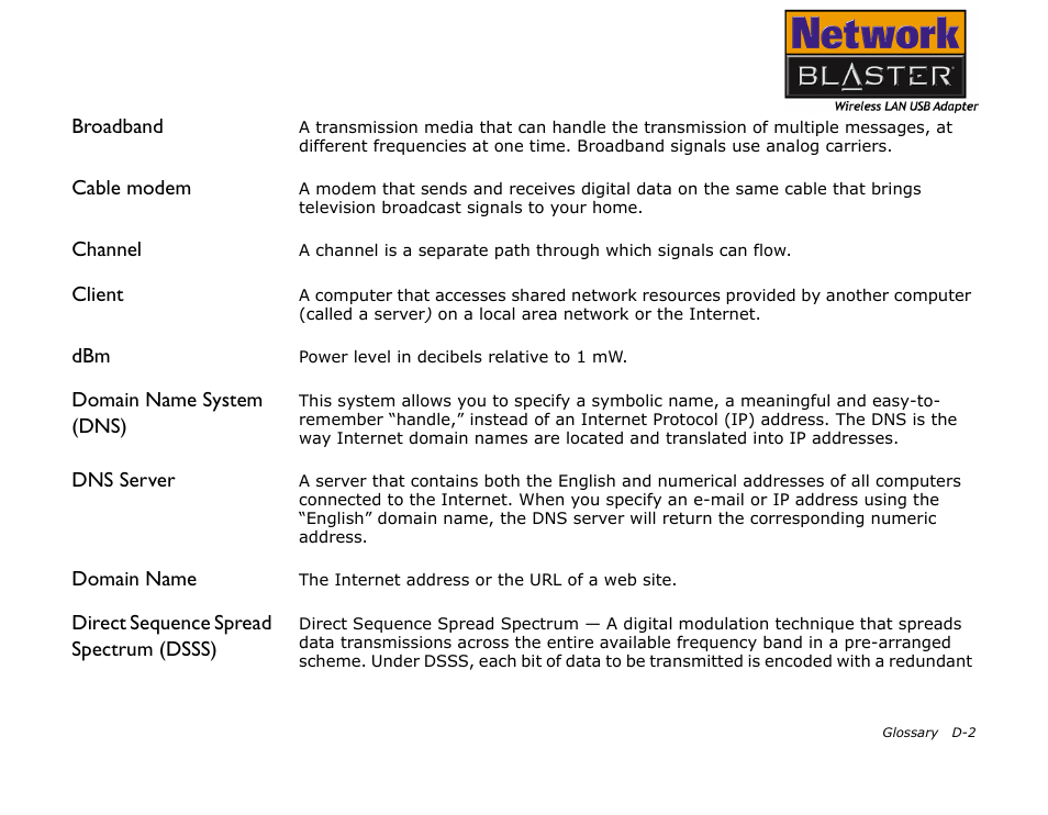 Broadband, Cable modem, Channel | Client, Domain name system (dns), Dns server, Domain name, Direct sequence spread spectrum (dsss) | CREATIVE 2030 User Manual | Page 81 / 96
