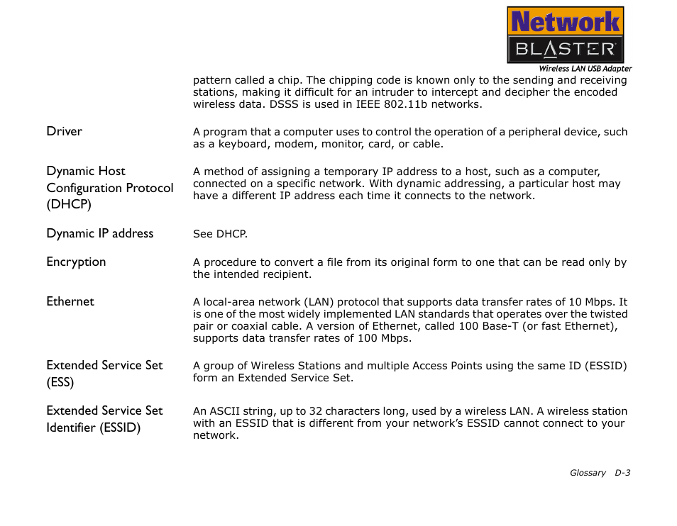 Driver, Dynamic host configuration protocol (dhcp), Dynamic ip address | Encryption, Ethernet, Extended service set (ess), Extended service set identifier (essid) | CREATIVE 2030 User Manual | Page 82 / 96