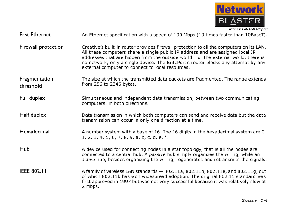 Or more information, see “hexadecimal” on, Fast ethernet, Firewall protection | Fragmentation threshold, Full duplex, Half duplex, Hexadecimal | CREATIVE 2030 User Manual | Page 83 / 96