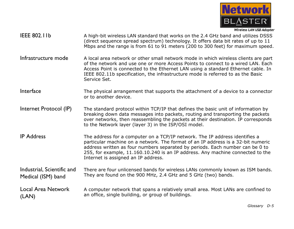 Infrastructure mode, Interface, Internet protocol (ip) | Ip address, Industrial, scientific and medical (ism) band, Local area network (lan) | CREATIVE 2030 User Manual | Page 84 / 96