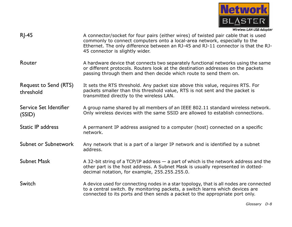 Rj-45, Router, Request to send (rts) threshold | Service set identifier (ssid), Static ip address, Subnet or subnetwork, Subnet mask, Switch | CREATIVE 2030 User Manual | Page 87 / 96