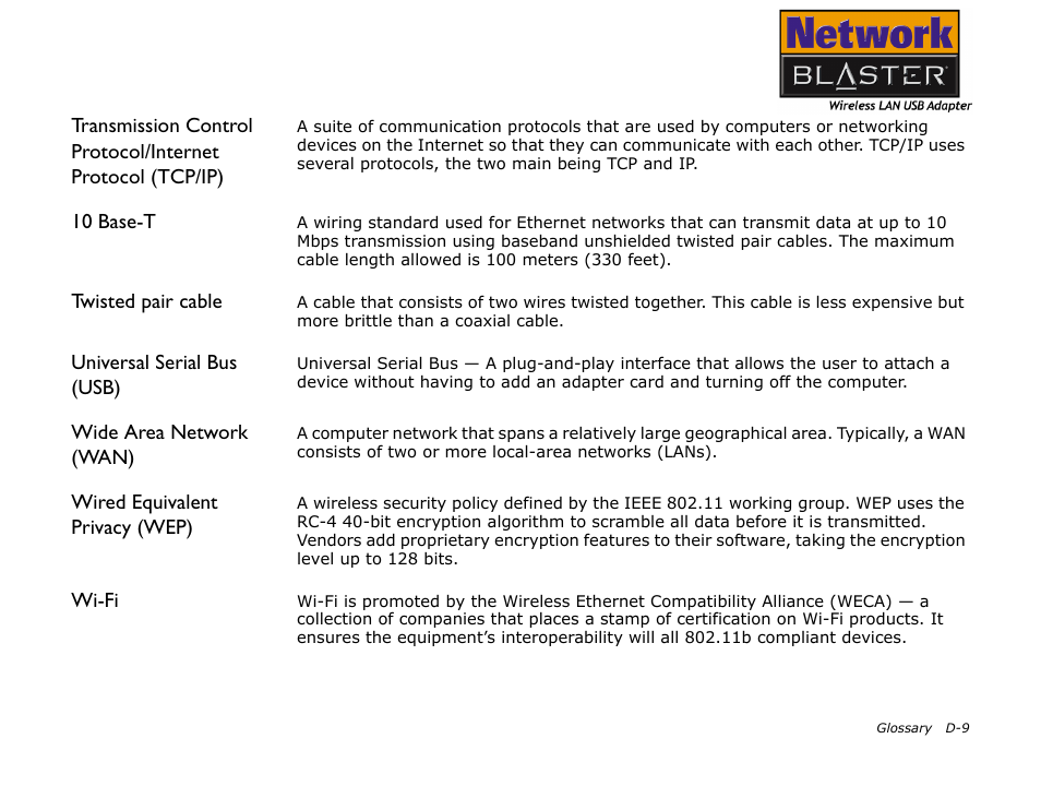 Wired equivalent, Privacy (wep), 10 base-t | Twisted pair cable, Universal serial bus (usb), Wide area network (wan), Wired equivalent privacy (wep), Wi-fi | CREATIVE 2030 User Manual | Page 88 / 96