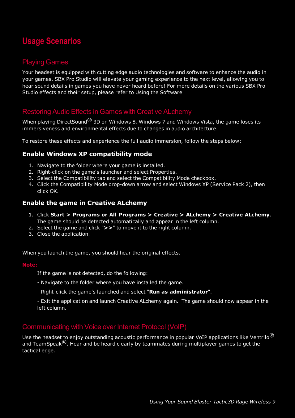 Usage scenarios, Playing games, Enable windows xp compatibility mode | Enable the game in creative alchemy | CREATIVE SoundBlaster Tactic 3D Rage GH0220A User Manual | Page 10 / 31