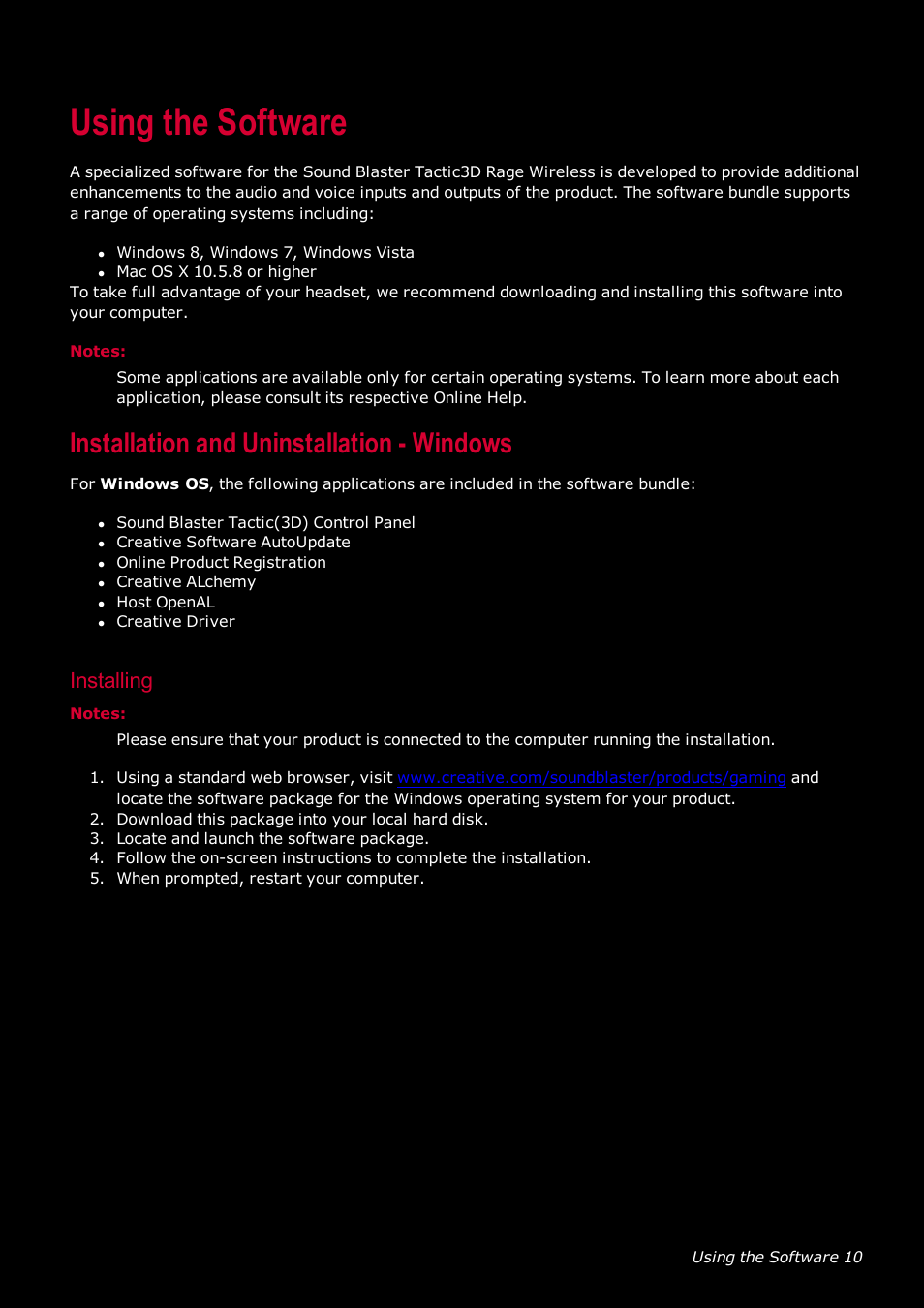 Using the software, Installation and uninstallation - windows, Installing | CREATIVE SoundBlaster Tactic 3D Rage GH0220A User Manual | Page 11 / 31