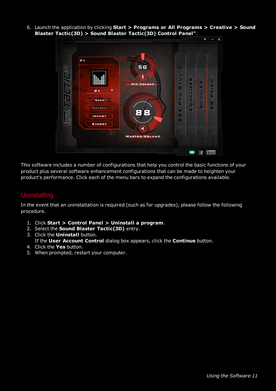 Uninstalling | CREATIVE SoundBlaster Tactic 3D Rage GH0220A User Manual | Page 12 / 31