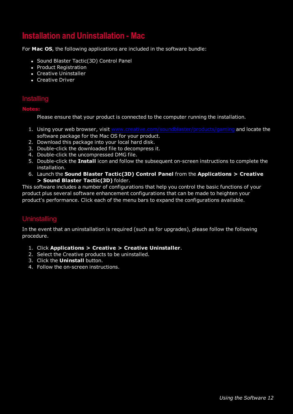 Installation and uninstallation - mac, Installing, Uninstalling | CREATIVE SoundBlaster Tactic 3D Rage GH0220A User Manual | Page 13 / 31