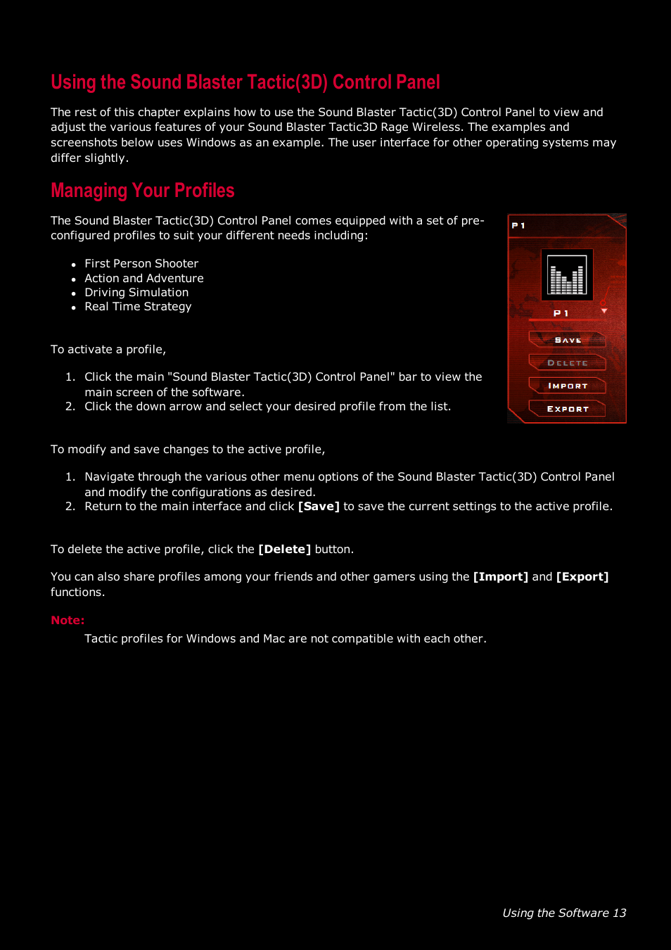 Using the sound blaster tactic(3d) control panel, Managing your profiles | CREATIVE SoundBlaster Tactic 3D Rage GH0220A User Manual | Page 14 / 31