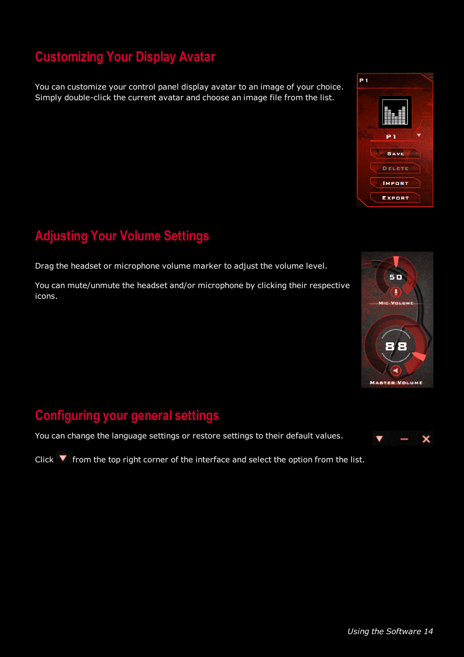 Customizing your display avatar, Adjusting your volume settings, Configuring your general settings | CREATIVE SoundBlaster Tactic 3D Rage GH0220A User Manual | Page 15 / 31