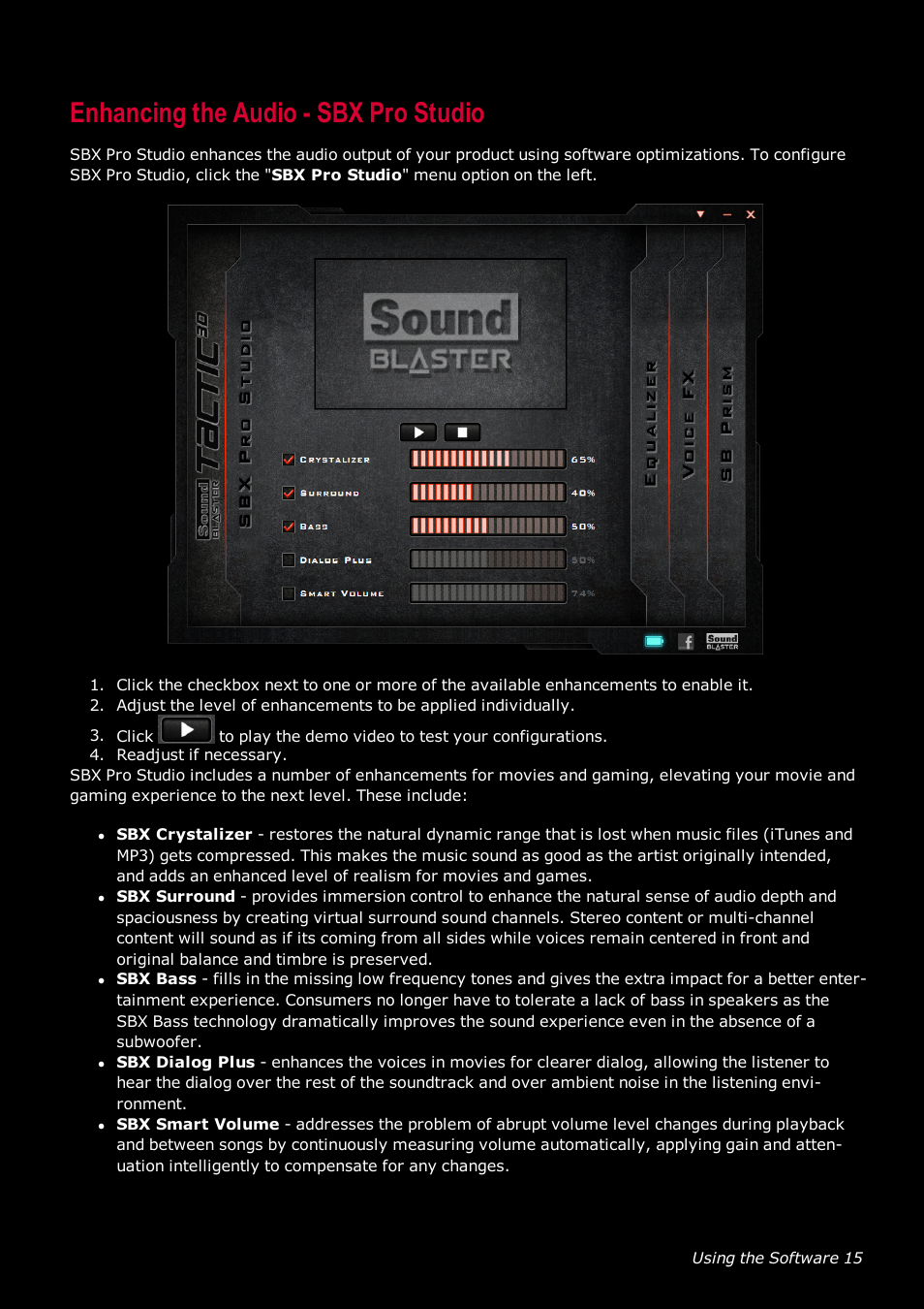Enhancing the audio - sbx pro studio | CREATIVE SoundBlaster Tactic 3D Rage GH0220A User Manual | Page 16 / 31