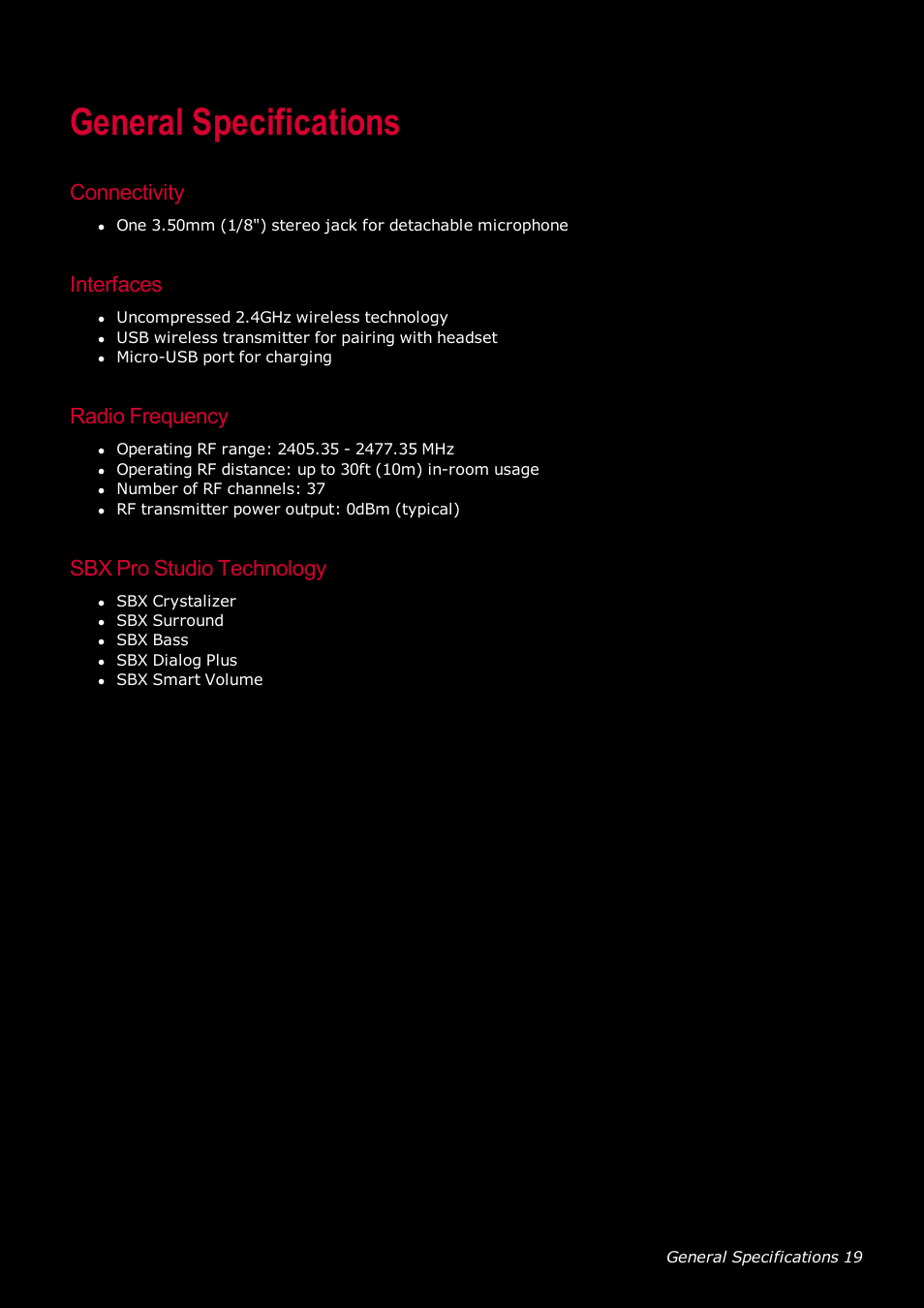 General specifications, Connectivity, Interfaces | Radio frequency, Sbx pro studio technology | CREATIVE SoundBlaster Tactic 3D Rage GH0220A User Manual | Page 20 / 31