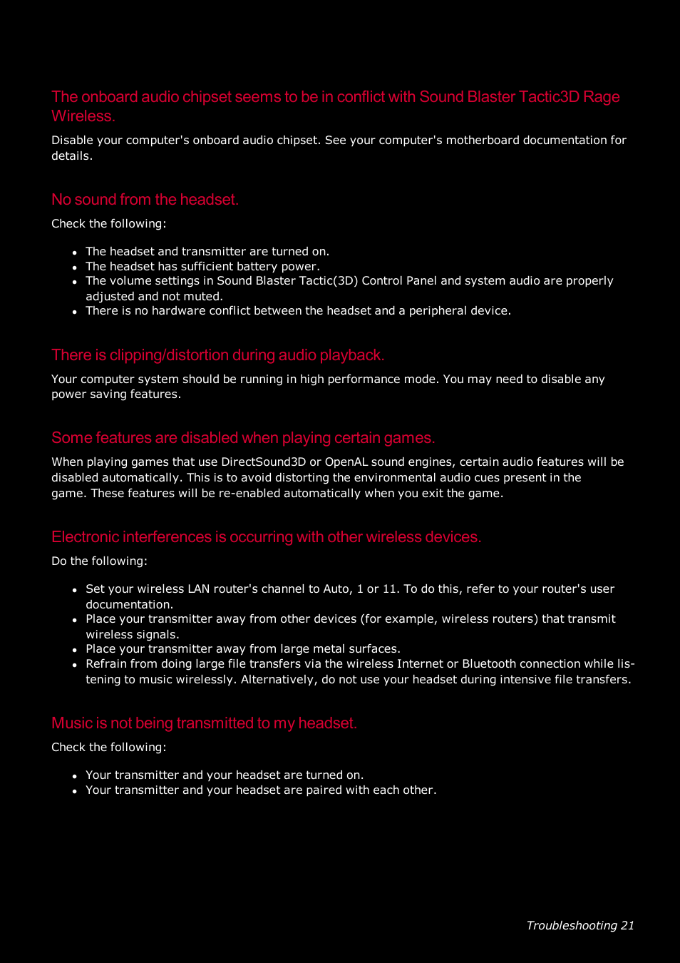 No sound from the headset, There is clipping/distortion during audio playback, Music is not being transmitted to my headset | CREATIVE SoundBlaster Tactic 3D Rage GH0220A User Manual | Page 22 / 31