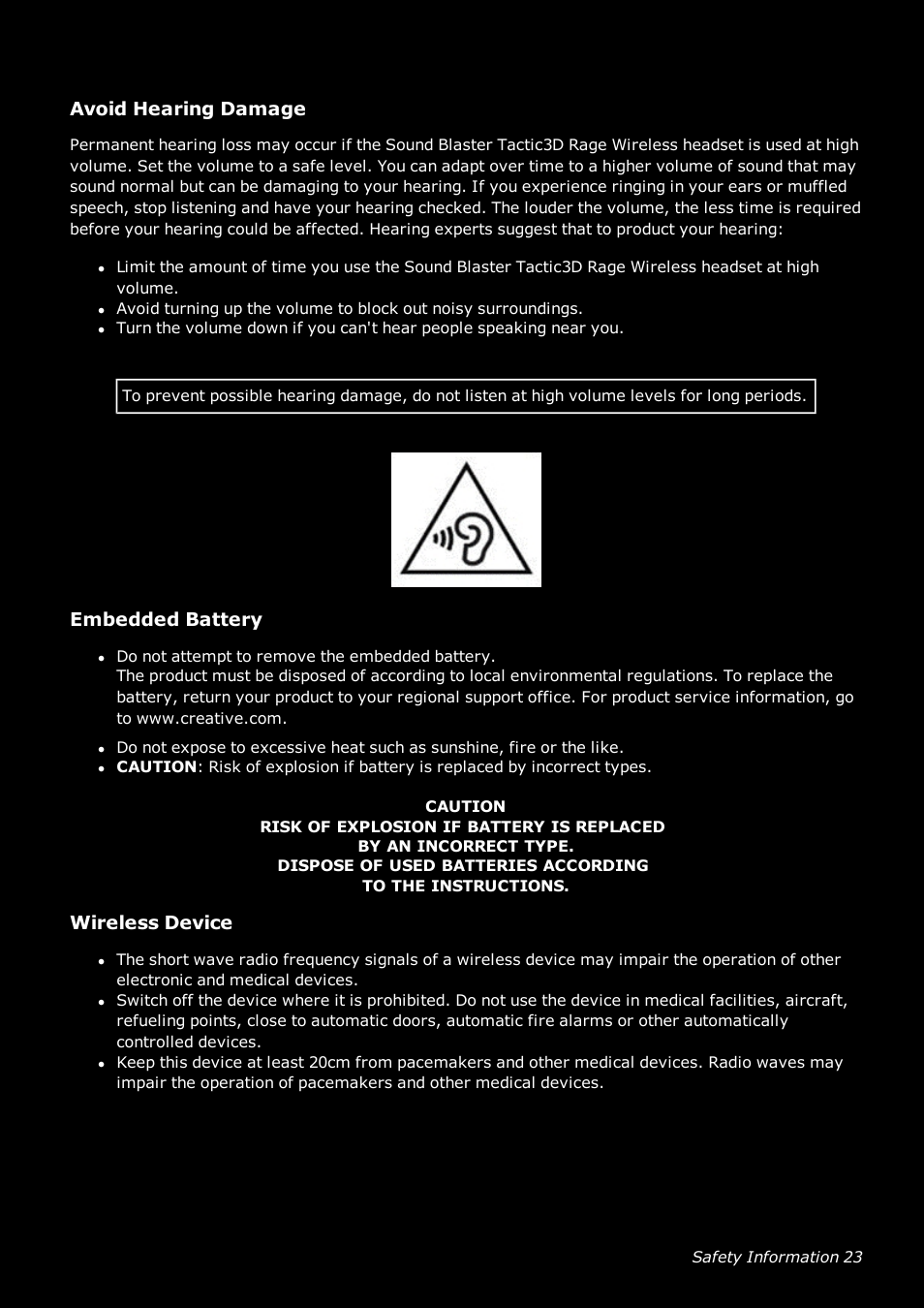 Avoid hearing damage, Embedded battery, Wireless device | CREATIVE SoundBlaster Tactic 3D Rage GH0220A User Manual | Page 24 / 31