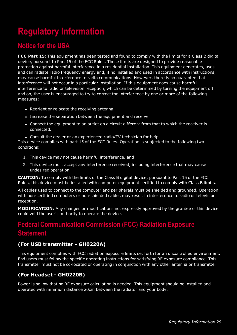 Regulatory information, Notice for the usa, For usb transmitter - gh0220a) | For headset - gh0220b) | CREATIVE SoundBlaster Tactic 3D Rage GH0220A User Manual | Page 26 / 31