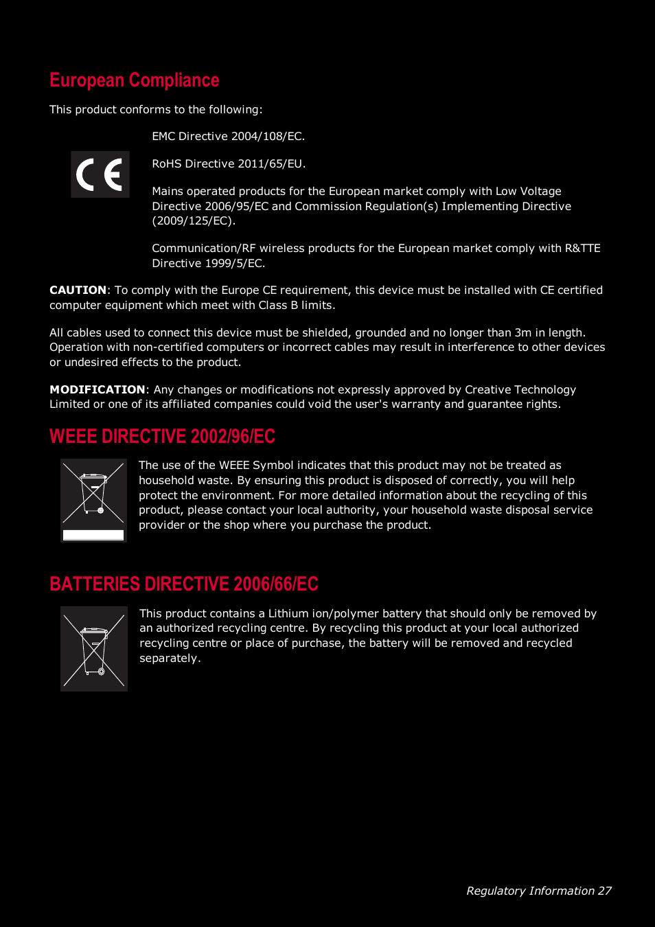 European compliance, Weee directive 2002/96/ec, Batteries directive 2006/66/ec | CREATIVE SoundBlaster Tactic 3D Rage GH0220A User Manual | Page 28 / 31