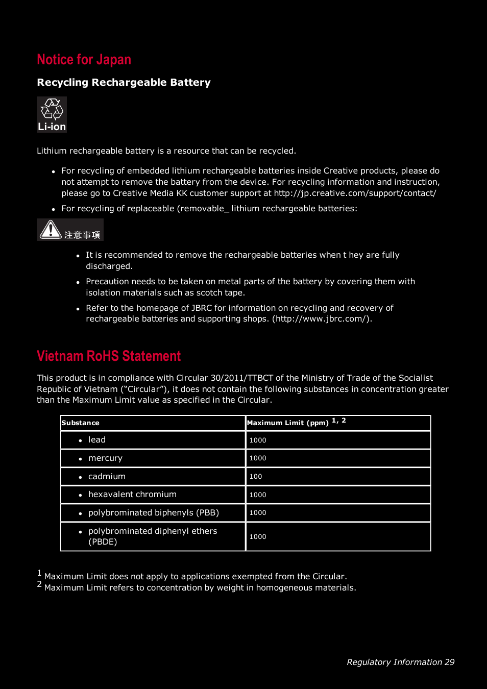 Notice for japan, Recycling rechargeable battery, Vietnam rohs statement | Li-ion | CREATIVE SoundBlaster Tactic 3D Rage GH0220A User Manual | Page 30 / 31