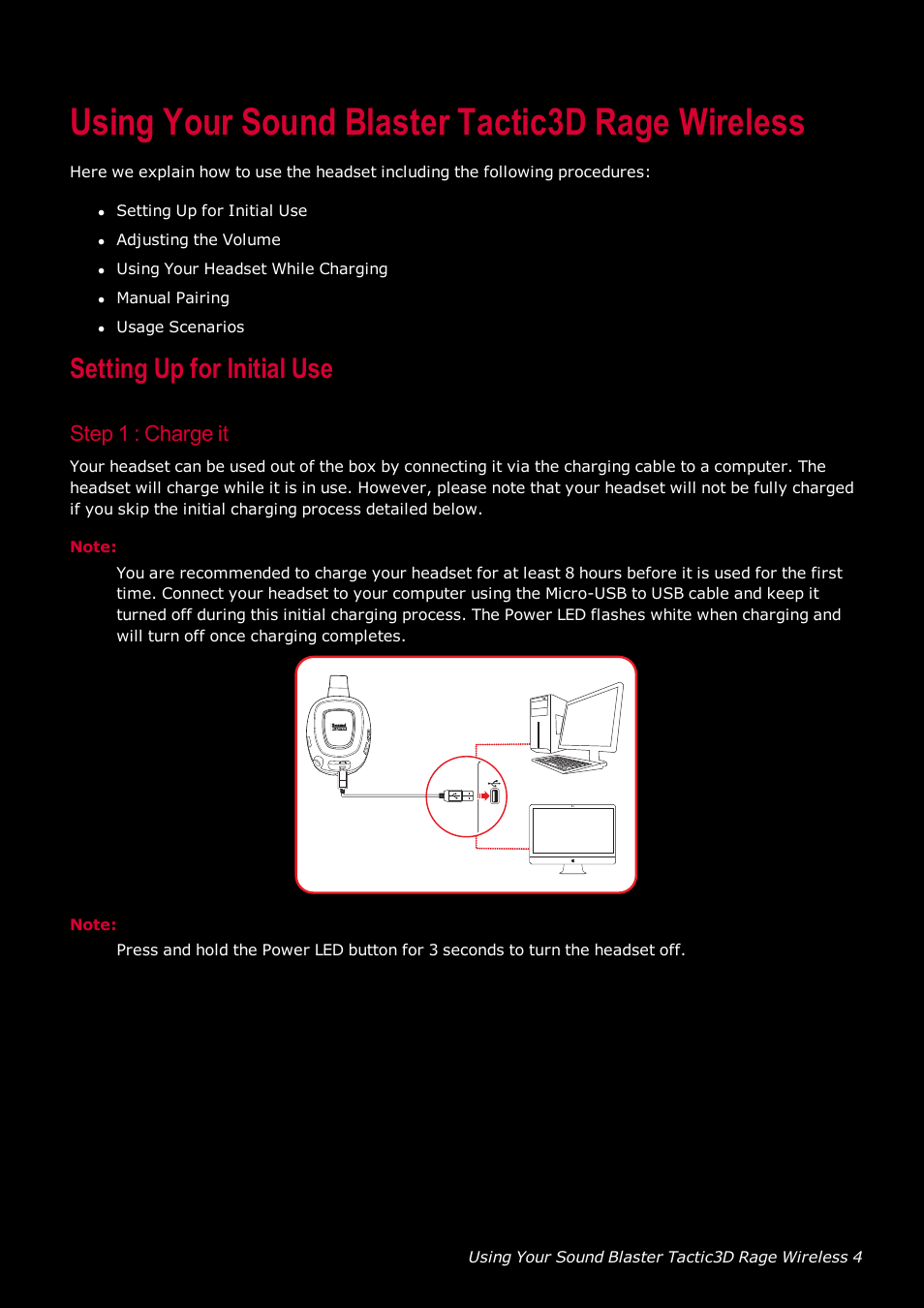 Using your sound blaster tactic3d rage wireless, Setting up for initial use, Step 1 : charge it | CREATIVE SoundBlaster Tactic 3D Rage GH0220A User Manual | Page 5 / 31