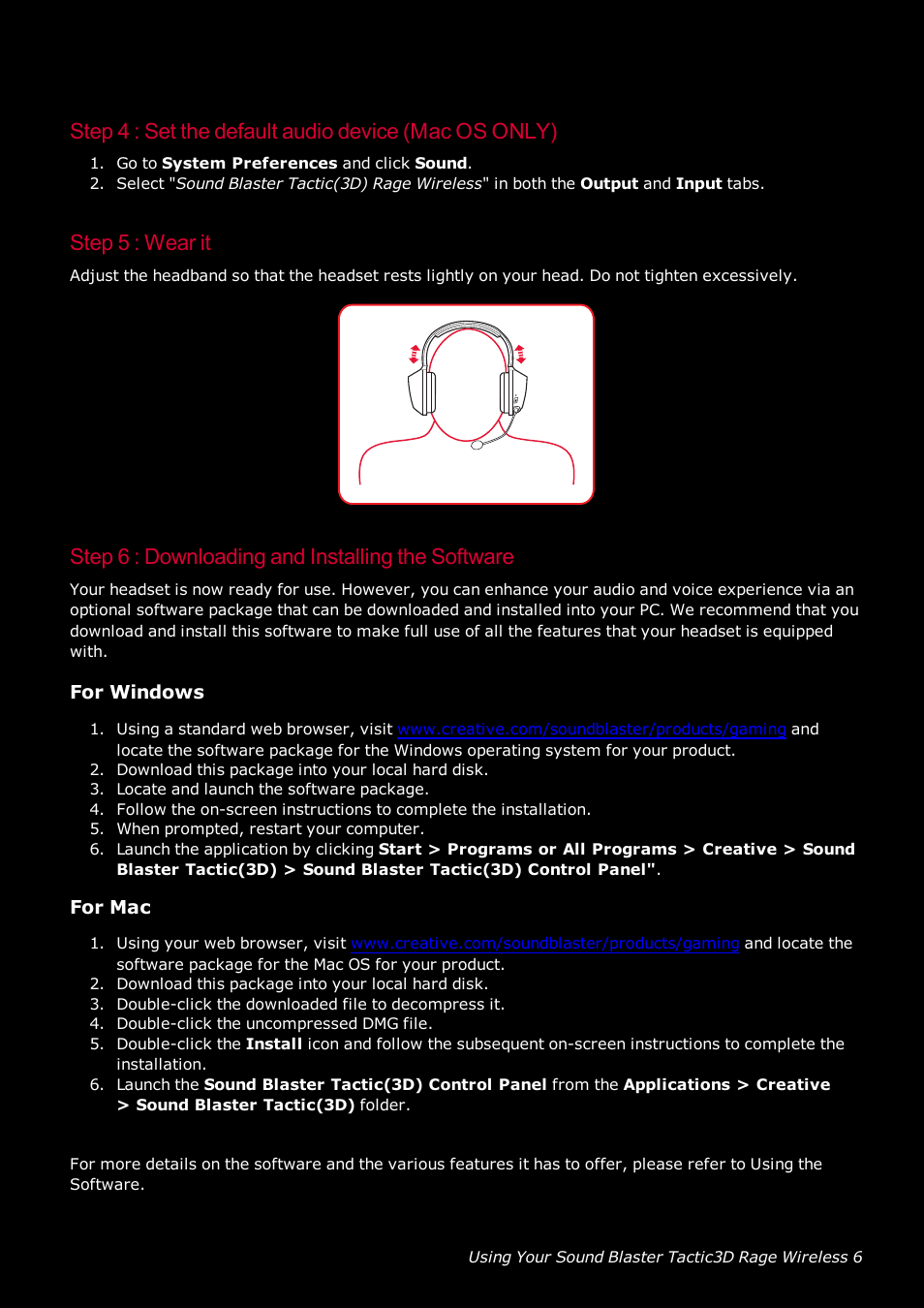 Step 5 : wear it, Step 6 : downloading and installing the software, For windows | For mac | CREATIVE SoundBlaster Tactic 3D Rage GH0220A User Manual | Page 7 / 31