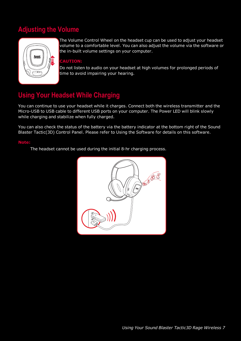 Adjusting the volume, Using your headset while charging | CREATIVE SoundBlaster Tactic 3D Rage GH0220A User Manual | Page 8 / 31