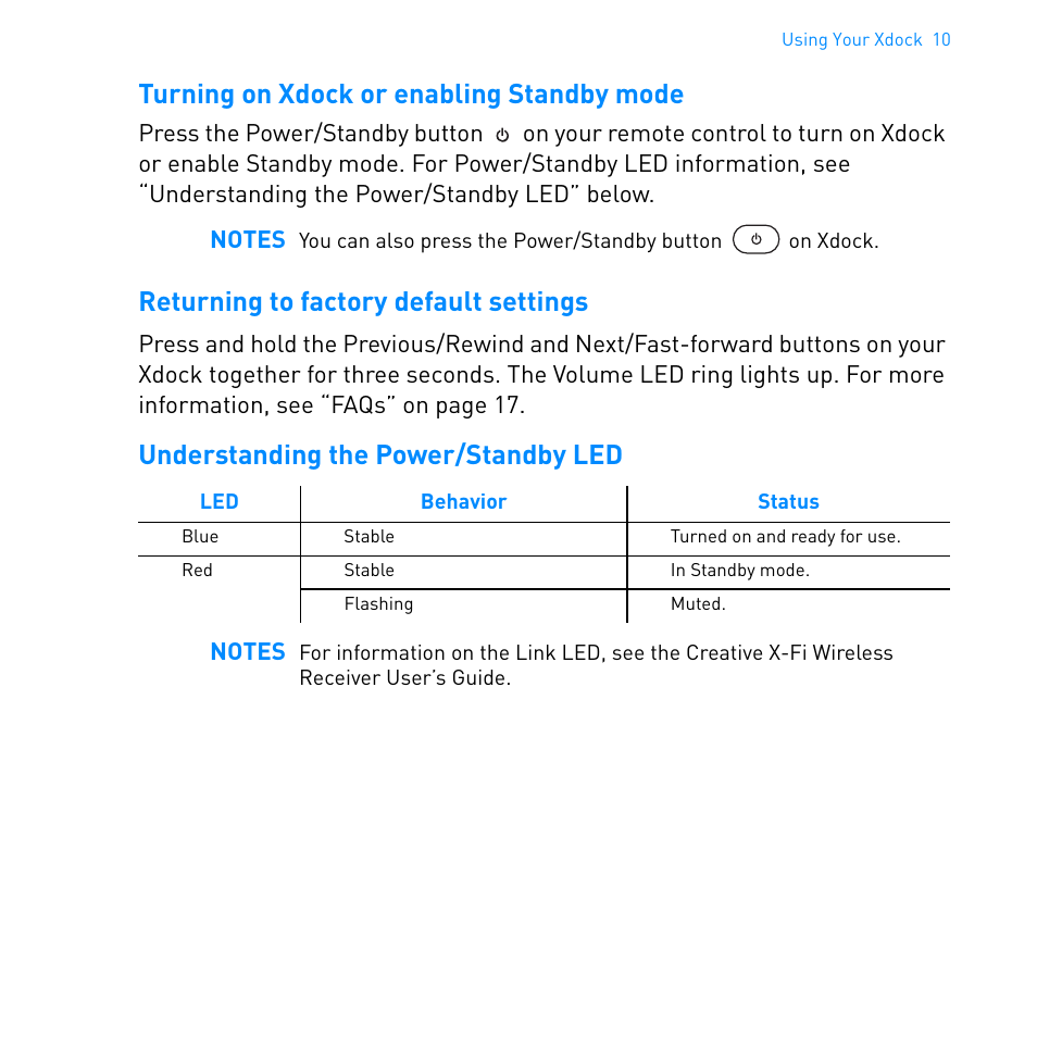 Turning on xdock or enabling standby mode, Returning to factory default settings, Understanding the power/standby led | CREATIVE Ipod Xdock User Manual | Page 11 / 25