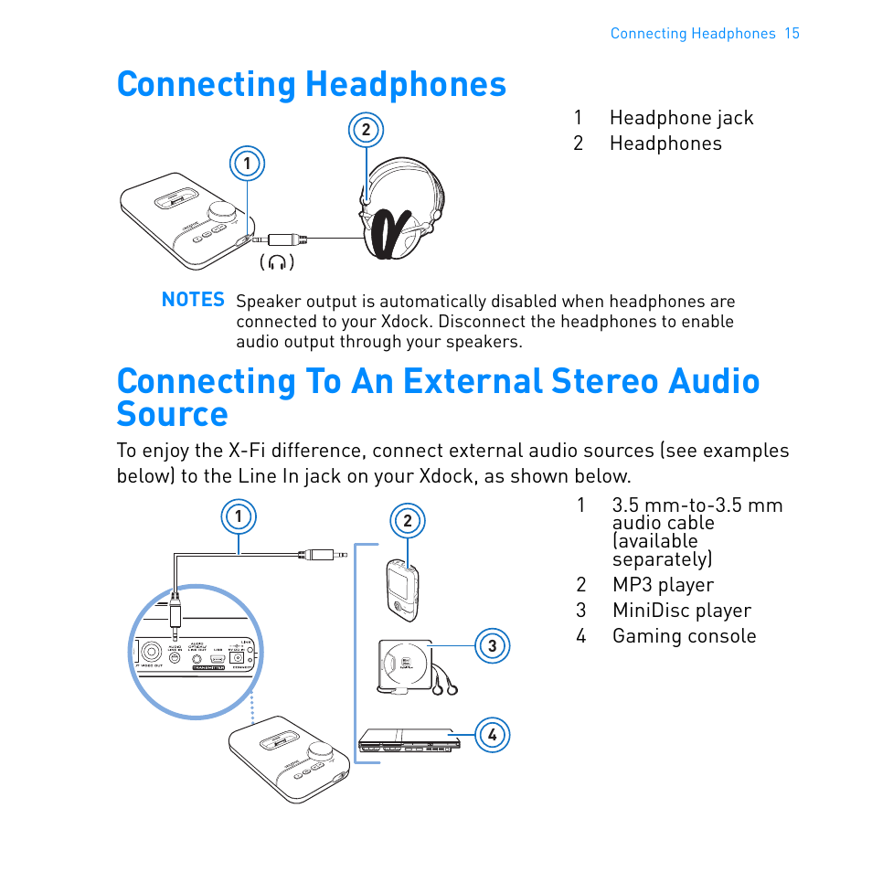 Connecting headphones, Connecting to an external stereo audio source | CREATIVE Ipod Xdock User Manual | Page 16 / 25