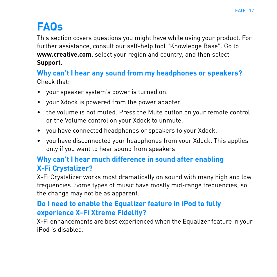 Faqs | CREATIVE Ipod Xdock User Manual | Page 18 / 25