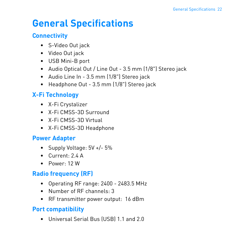 General specifications | CREATIVE Ipod Xdock User Manual | Page 23 / 25