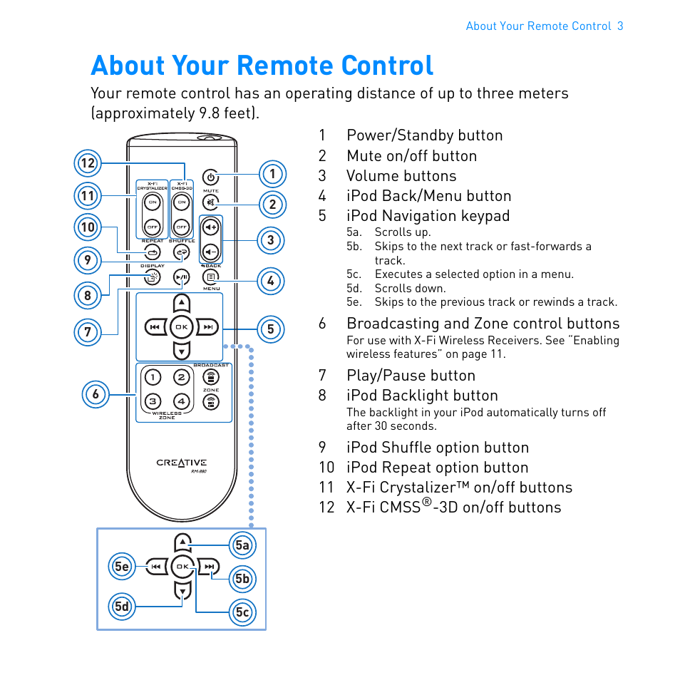 About your remote control | CREATIVE Ipod Xdock User Manual | Page 4 / 25