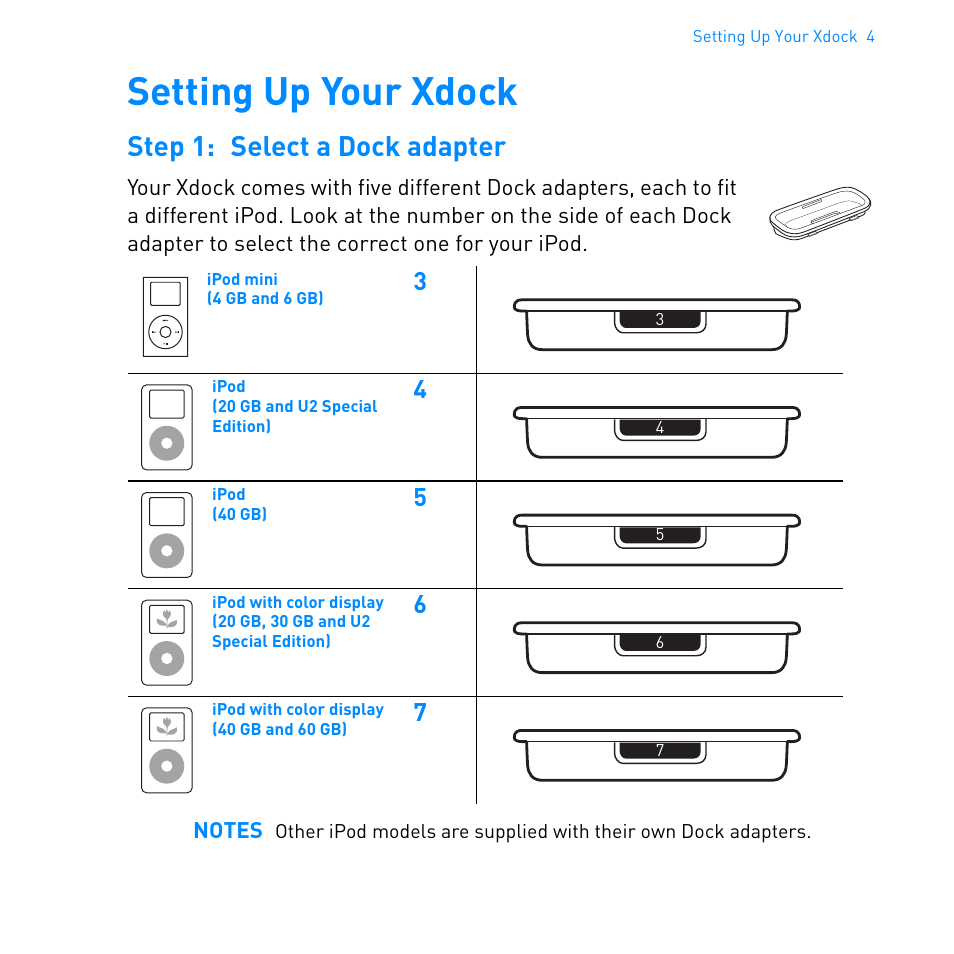 Setting up your xdock, Step 1: select a dock adapter | CREATIVE Ipod Xdock User Manual | Page 5 / 25