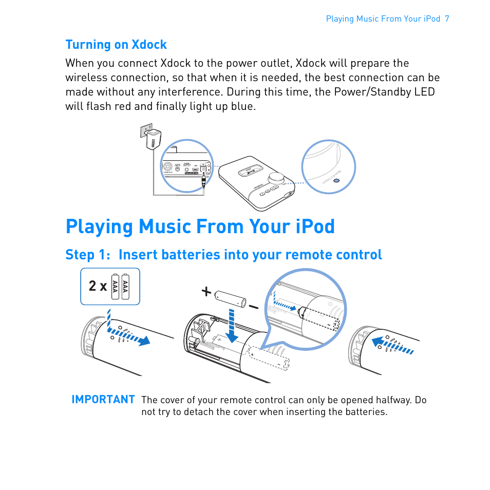 Playing music from your ipod, Step 1: insert batteries into your remote control | CREATIVE Ipod Xdock User Manual | Page 8 / 25