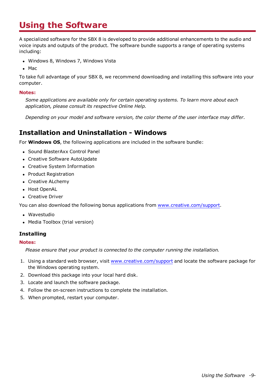 Using the software, Installation and uninstallation - windows | CREATIVE Sound Blaster AXX SB1380 User Manual | Page 10 / 28