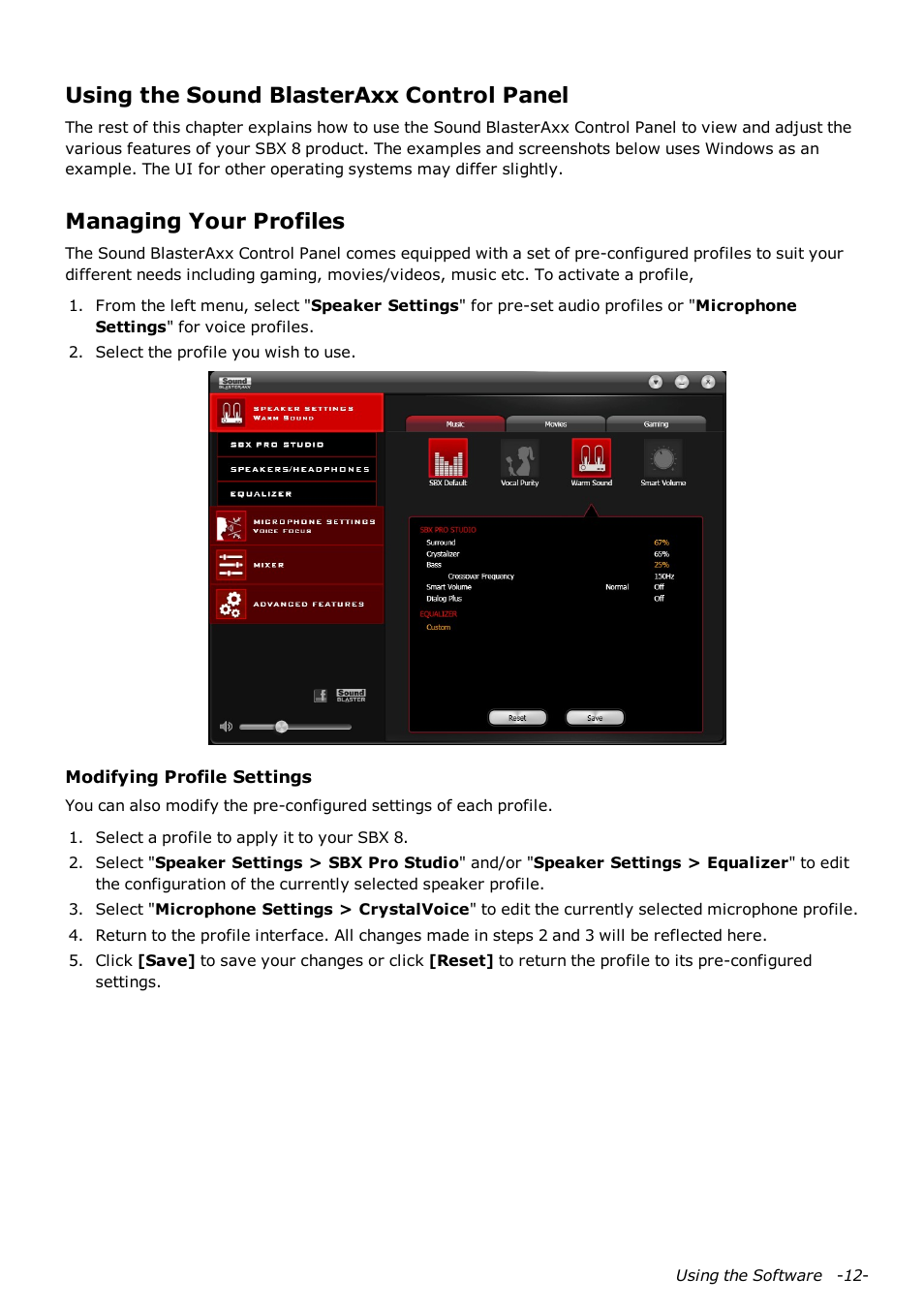 Using the sound blasteraxx control panel, Managing your profiles | CREATIVE Sound Blaster AXX SB1380 User Manual | Page 13 / 28
