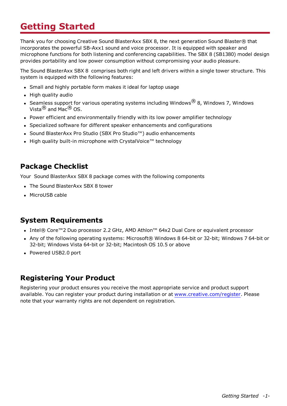 Getting started, Package checklist, System requirements | Registering your product | CREATIVE Sound Blaster AXX SB1380 User Manual | Page 2 / 28